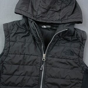 North Face Vest Hooded Quilted Puffer Pink Ribbon Black Womens S Outdoor
